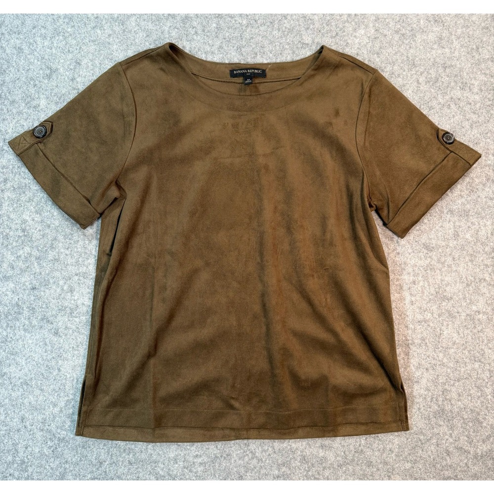 Banana Republic Womens Faux Suede Short Sleeve Top Brown Cuffed Button Detail M